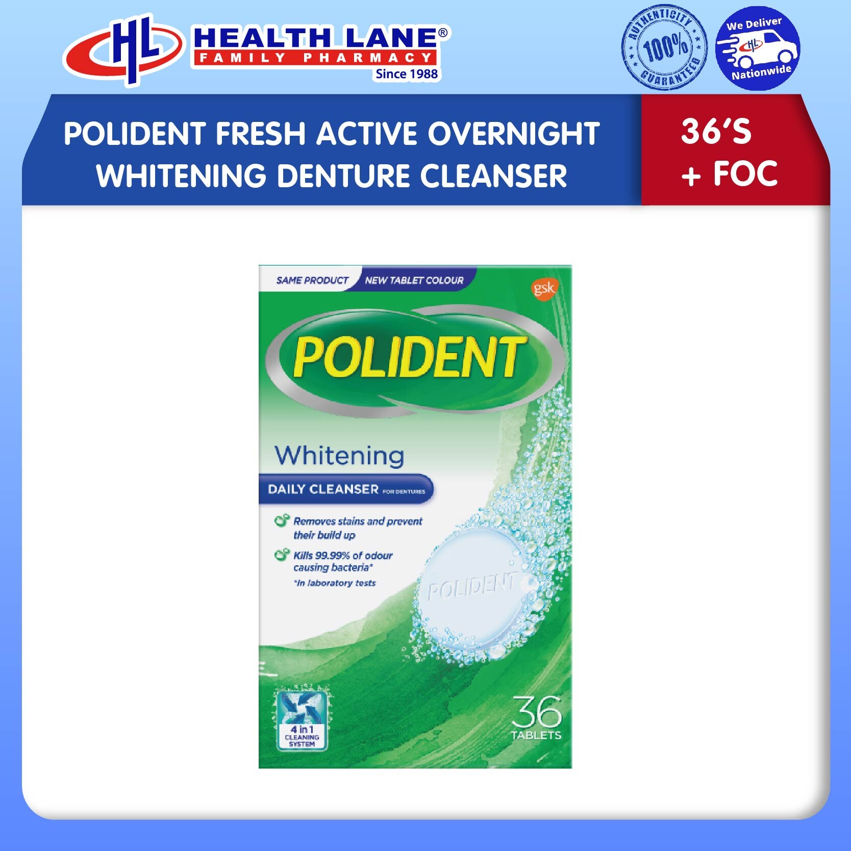 POLIDENT FRESH ACTIVE OVERNIGHT PEMUTIH GIGI PALSU PENCUCI (36'S)+ FOC